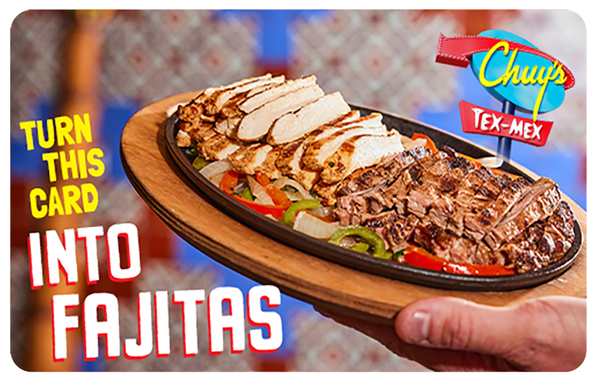 Chuy's gift card featuring the iconic Chuy's sign logo. Text above it reads: 'Because you can't wrap Queso'.