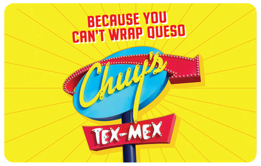 Chuy's gift card with a picture of delicious fajitas. Text to the left that reads: 'Turn this card into Fajitas'.