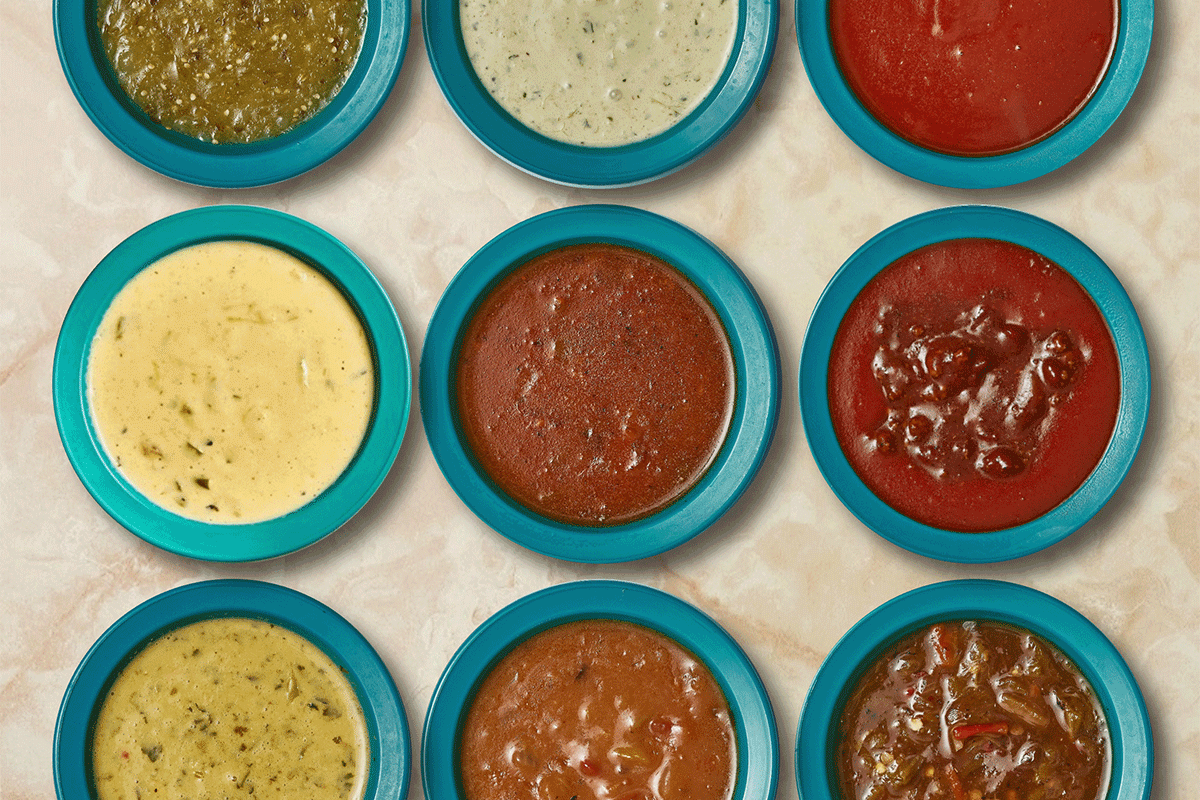 Various Chuy's sauces coming in and out of frame.