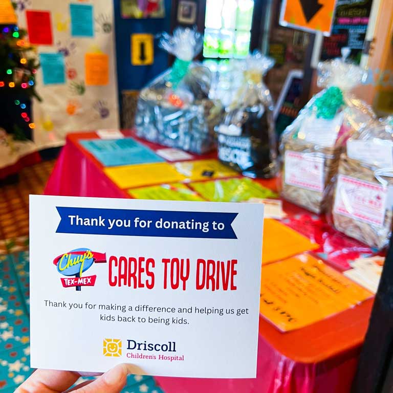 Chuy's holding a Cares Toy Drive for the Driscoll Children's Hospital in one of it's restaurants.