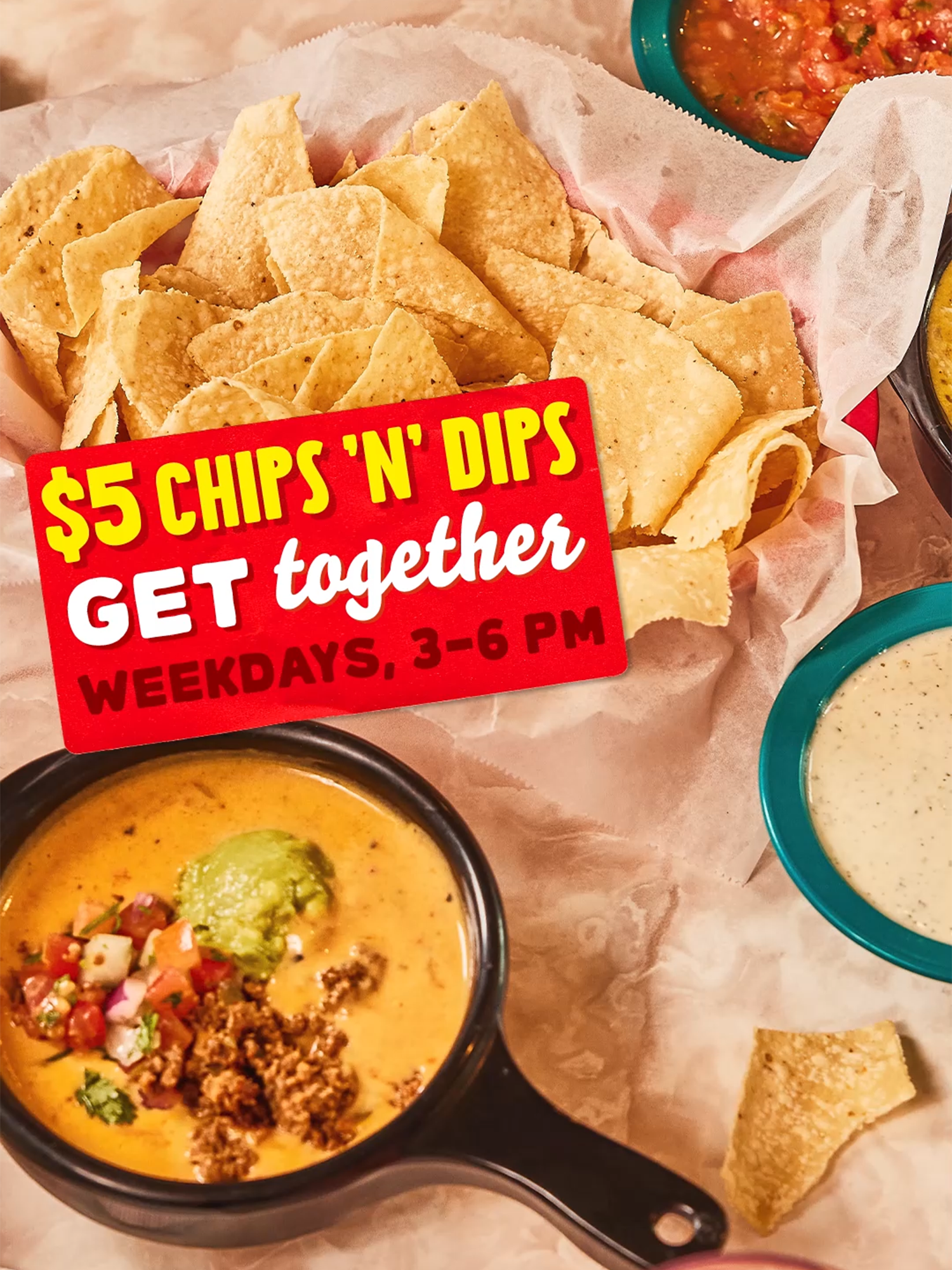 Chips served next to Compuesto with text that reads: '5 dollar Chips N Dips, Get together, Weekdays 3-6pm' only at Chuy's.